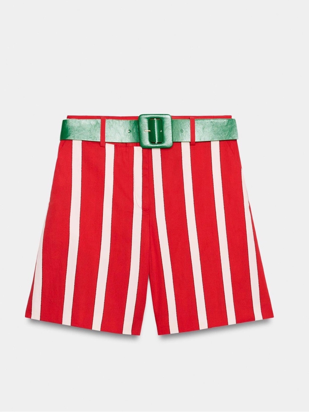 Zara Red and White Striped Bermuda Shorts with Green Belt
